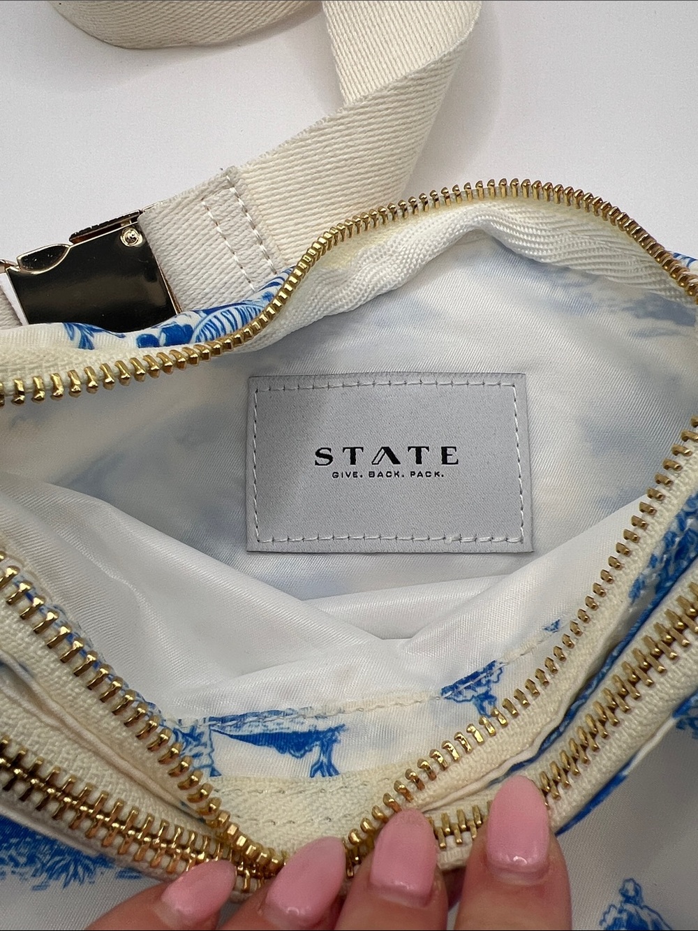 STATE Blue Toile Print Crossbody Bag with Cream Strap - Picture 2 of 6